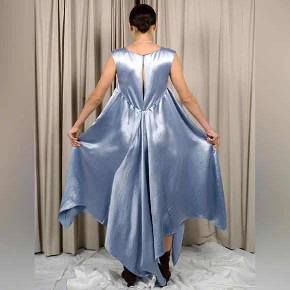 Collina Strada Dara Light Blue Satin Midi Dress Drapey Asymmetric Avant Garde - Picture 8 of 16
